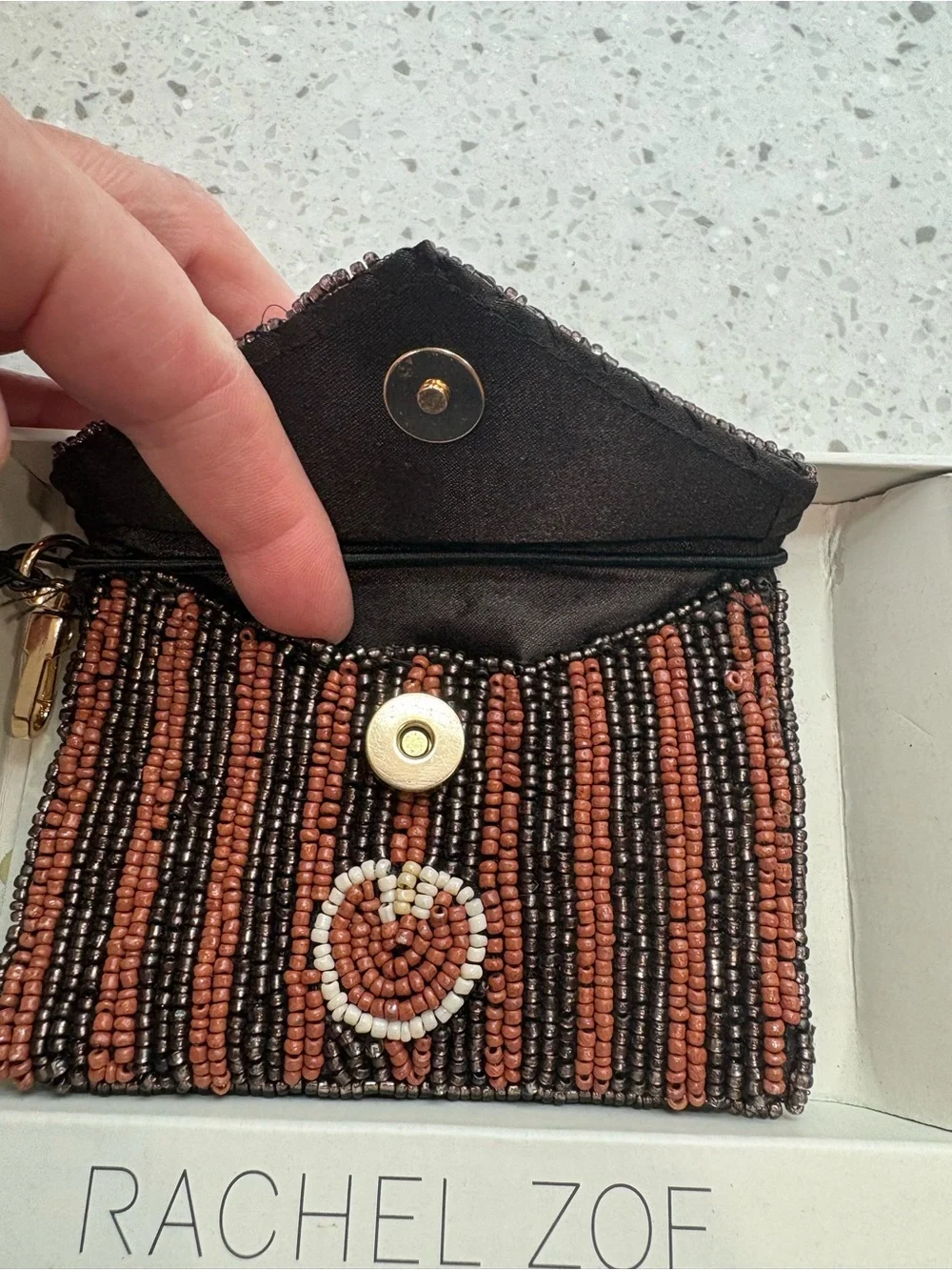 NIB Rachel Zoe Beaded Mini Card Case & Charm - Cappuccino Motif
